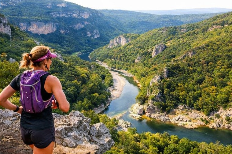 Coureuse de trail surplombant les Gorges de l'Ardèche en Sud Ardèche